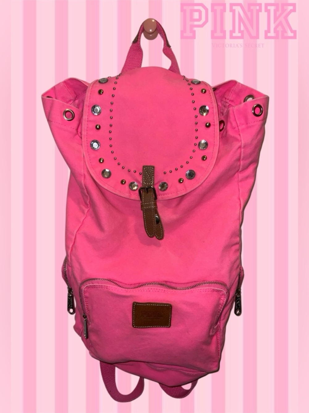 VTG VICTORIA’S SECRET PINK Hot Pink Backpack w/Custom Embellishments & Pink Dog
